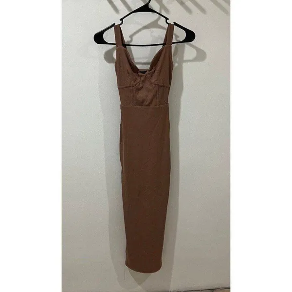 Naked Wardrobe NEW Women XS Brown Faux Bustier Ribbed Hourglass Bodycon Dress - Image 4