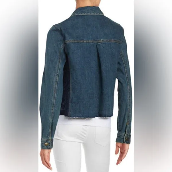Free People Denim Lace Inset Raw Hem Jean Jacket Size Large - Image 2