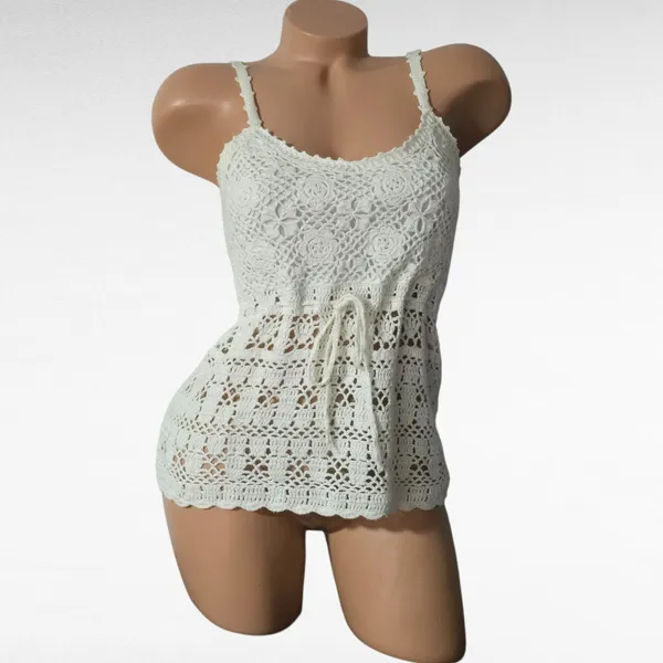Crochet Tank Top Cream Sleeveless Drawstring Boho Bohemian Festival Small - Image 2