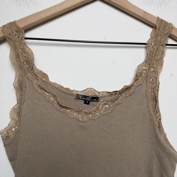 NEW Splash Women 100% Cotton Goblincore Cami Lace Top L Brown Ribbed Fairy‎ - Image 3