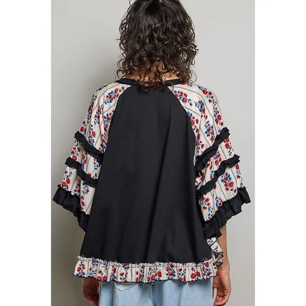 POL Round Neck‎ Half Sleeve Contrast Floral Lace Oversized Knit Top - Small - Image 3