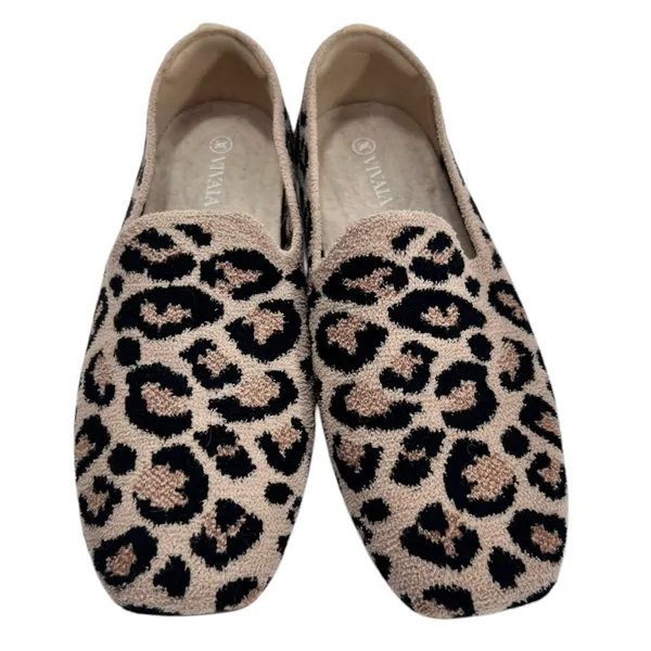 Vivaia Squared Toe Terry Knit Loafers Leopard Print Flat Comfy Shoe - Image 9