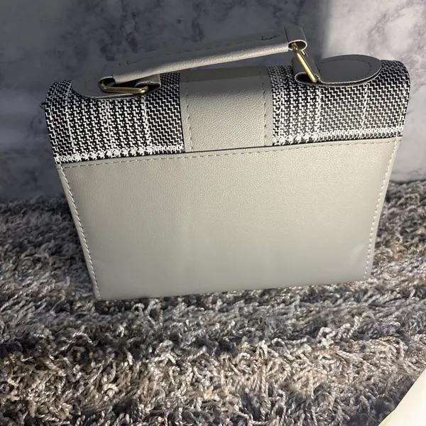 Gray Plaid Top Handle Handbag with Gold-Tone Detail - Image 4