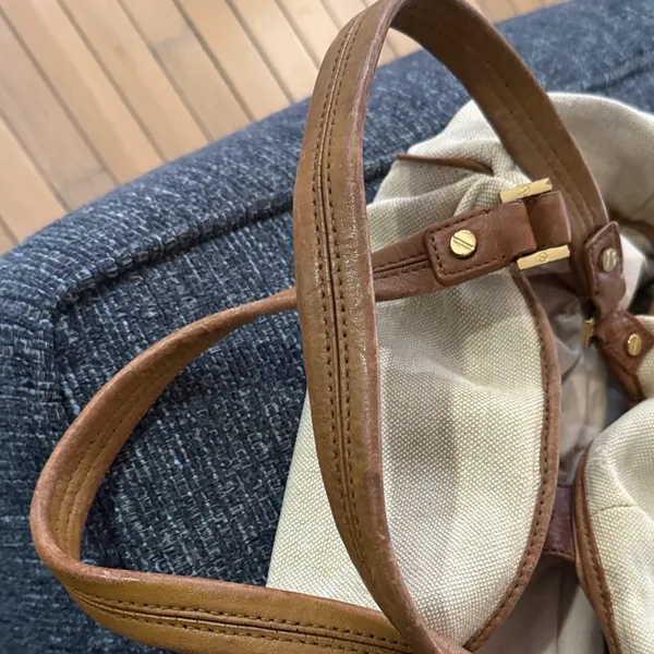 Tory Burch Shoulder Bag Canvas Leather Gold Logo Handbag Ladies Natural/Brown - Image 14