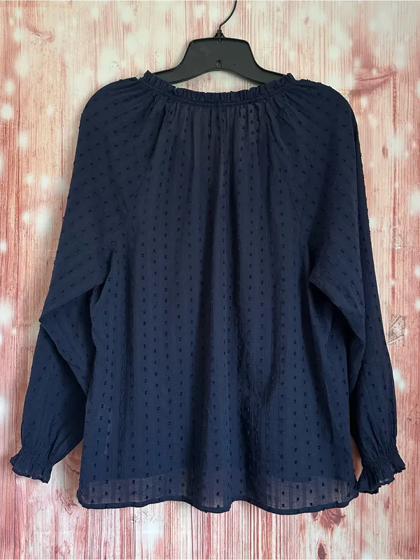 J. Crew Factory Navy Blue Swiss Dot Split Neck Ruffle Trim Blouse Size M - Image 9