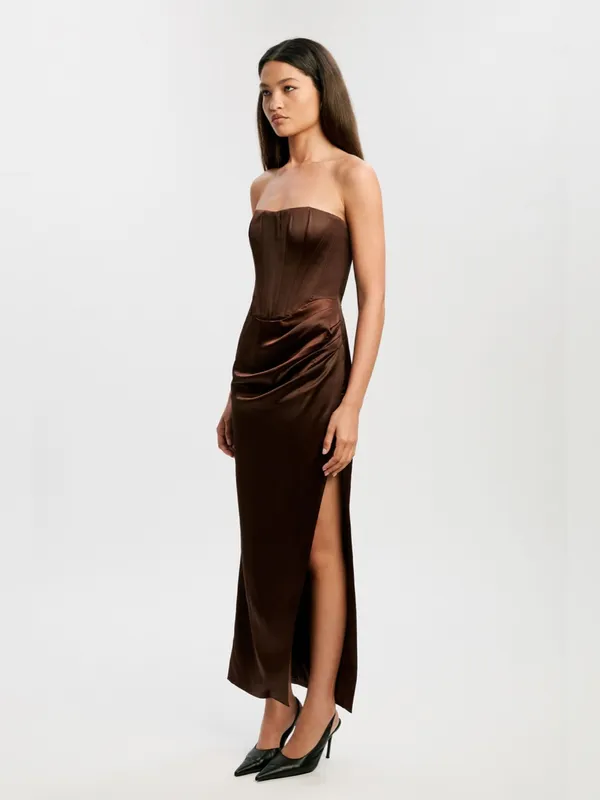 Bardot Everlasting Satin Strapless Midi Dress In Chocolate US 6 - Image 4