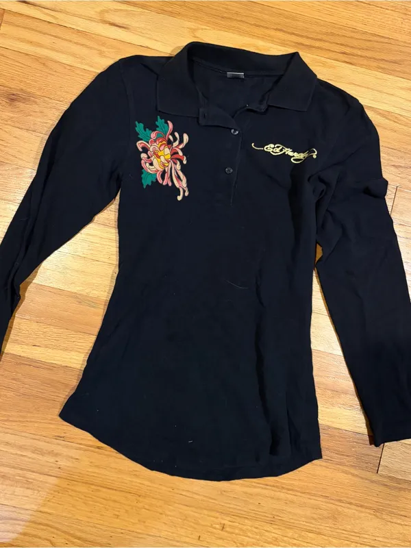 Ed Hardy Women’s M Medium Black Button Polo Long Sleeve Rhinestone Angel Shirt - Image 2