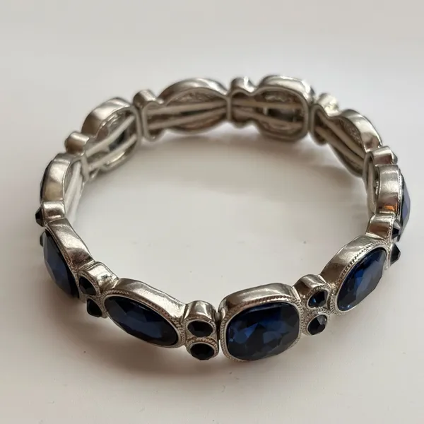 Silver Tone Blue Crystal RhinestoneStretch Bracelet - Image 5