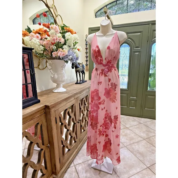 Pink Floral Deep V Maxi Dress | Size Small - Image 2