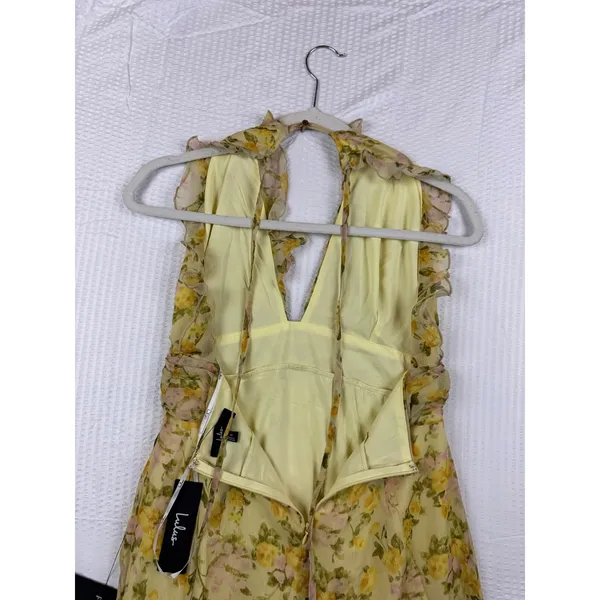 Lulus Yellow Floral Chiffon Ruffle Maxi Dress Sleeveless High Low V-Neck Small - Image 7