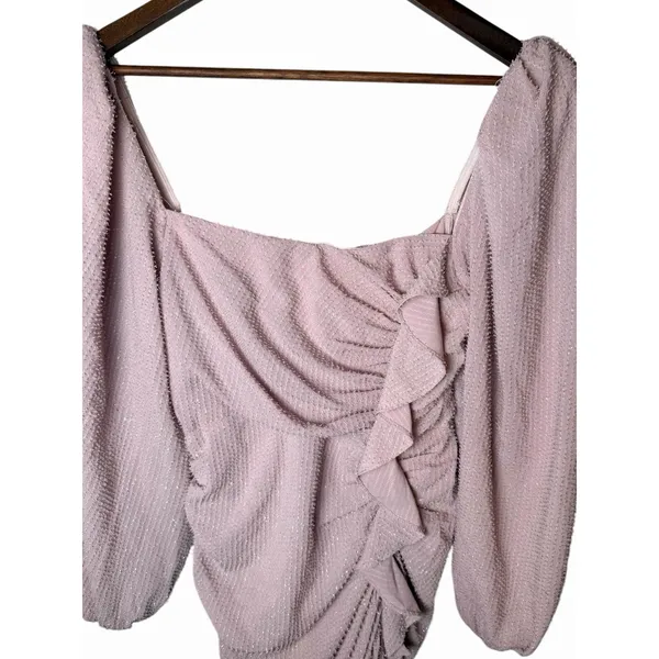 ASTR the Label Athens Ruched Puff Sleeve Shimmer Midi Dress Pink S - Image 6