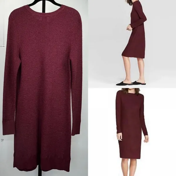 A New Day Sweater Dress Womens M Burgundy Ribbed Knit Midi Long Sleeve Fall - Image 2
