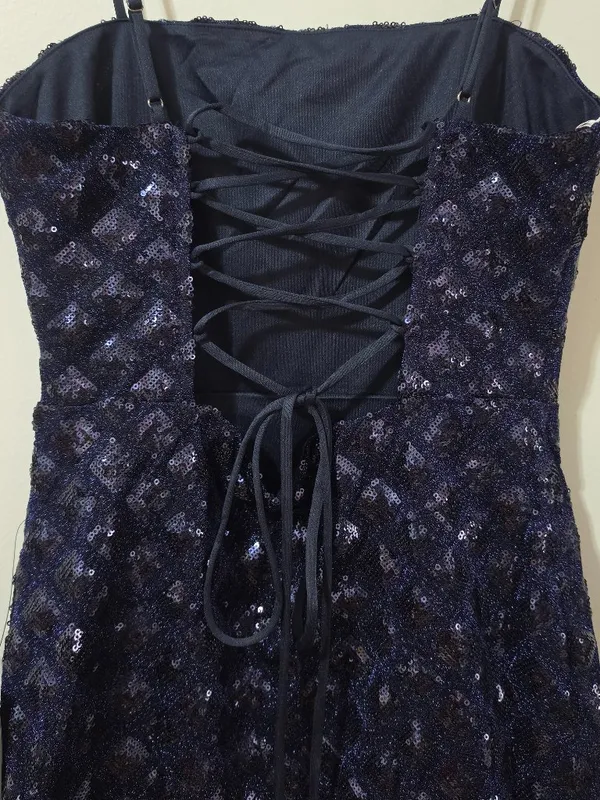 Lulus Shimmering Vibes Lurex Sequin Lace Up Mini Dress - Navy Blue - Size M - Image 7