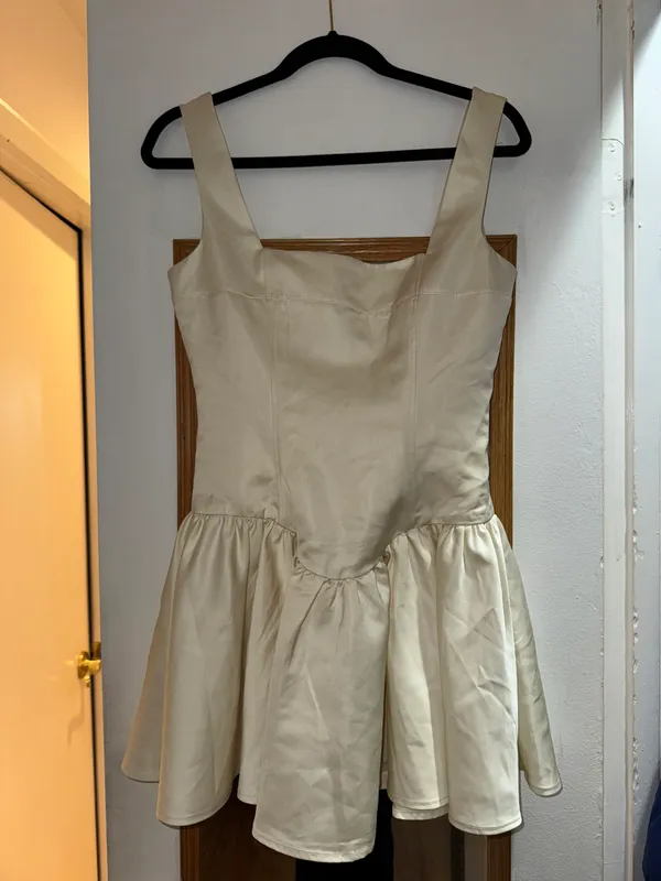 We Wore What Corset Peplum Satin Mini Dress in Ecru - Image 3