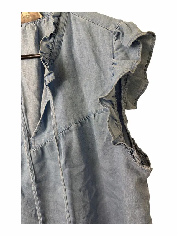 Loft Light Blue Ruffled Chambray Tie-Neck Women's Top - Image 3
