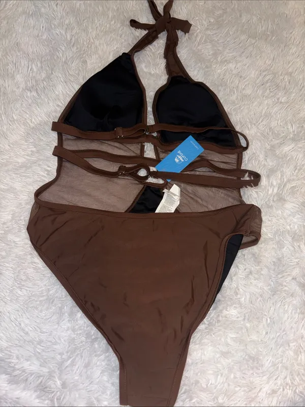Cupshe Brown Deep V Halter One-Piece Swimsuit with Mesh Panels - Image 5