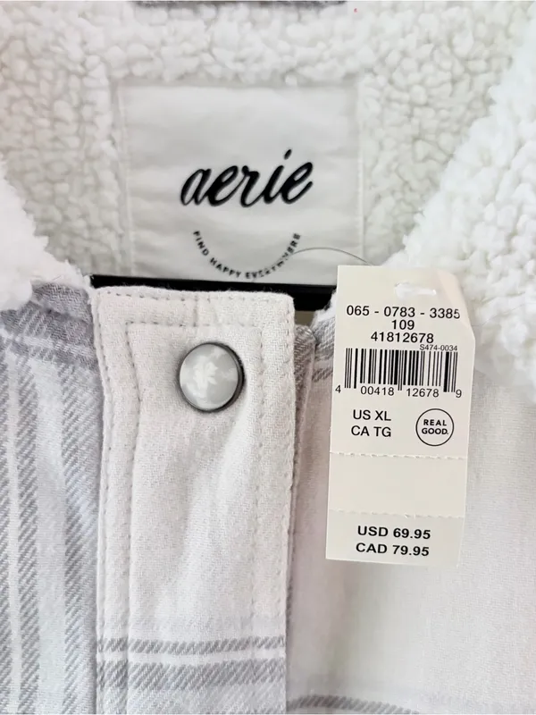 Aerie NWT Plaid Sherpa Lined Jacket XL White Grey Snap Front Shacket - Image 2