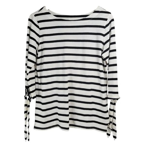 Old Navy Women's Black White‎ Striped Boat Neck Tie Sleeve Shirt Size M Cotton - Image 3
