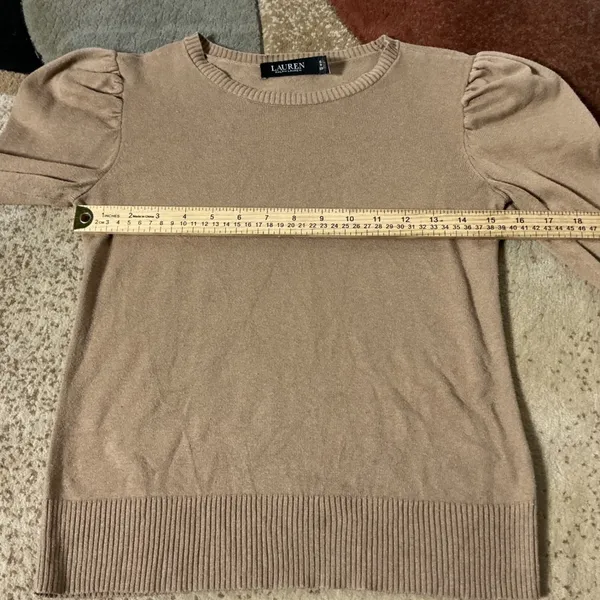 Lauren Ralph Lauren Puff Sleeve Crew Sweater Womens XS Tan Cotton Modal Knit - Image 3