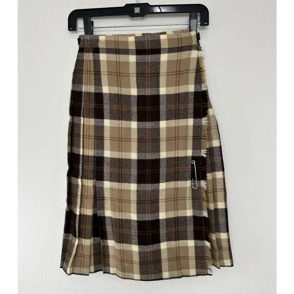 Vintage Pure New Wool Plaid Wrap Kilt Skirt Women’s XS Small Beige Brown Tartan - Image 2