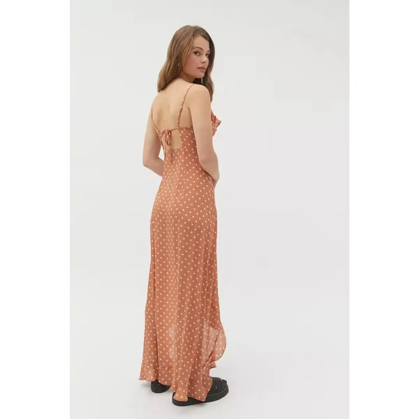 Dress Forum Brown White Polka Dot Sleeveless Ruffle High Low Maxi Dress Size S - Image 3