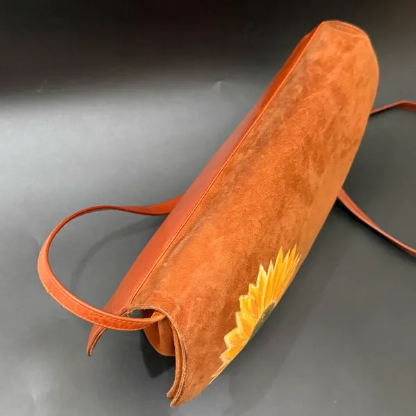 Vintage CHARLES JOURDAN Brown Suede Leather Hand-painted Sunflower Crossbody Bag - Image 5