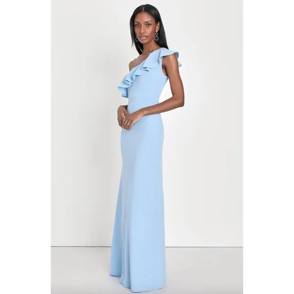 Lulus Last Forever Powder Blue One-Shoulder Ruffle Maxi Dress Formal Small NWT - Image 2