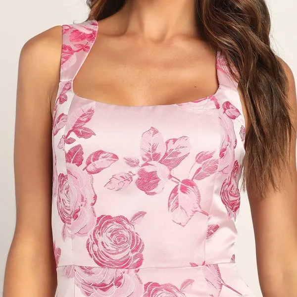 LULU’S Brighter Side Pink Floral Satin Jacquard Mini Dress - Image 4