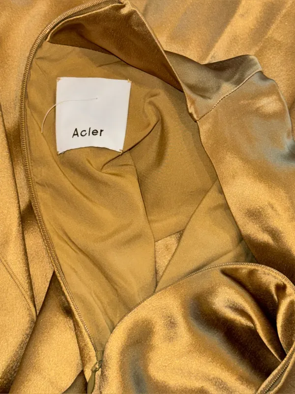 NEW ACLER Ramshaw Metallic Pleated Satin Gown golden moss Sz 4 - Image 7
