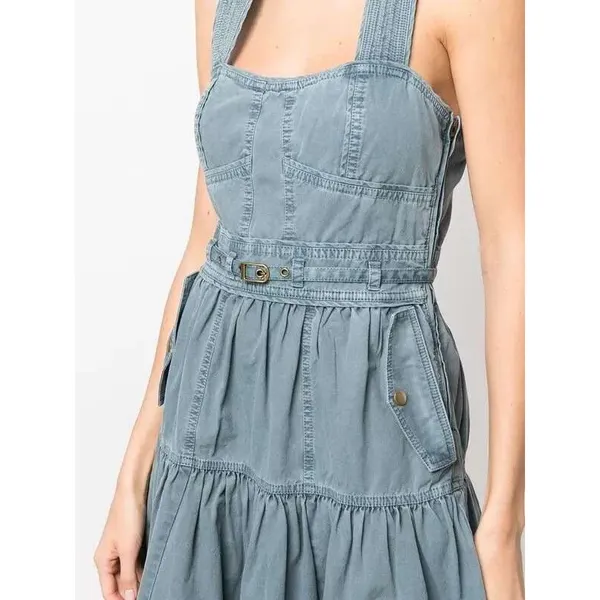 Ulla‎ Johnson Enzo Denim Dress Blue Cotton Tiered Midi Sweetheart Neck Size 4 - Image 13