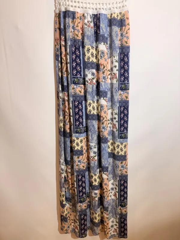 Boho Patchwork Floral Lace Halter Tie Waist Flowy Maxi Dress Size M - Image 9