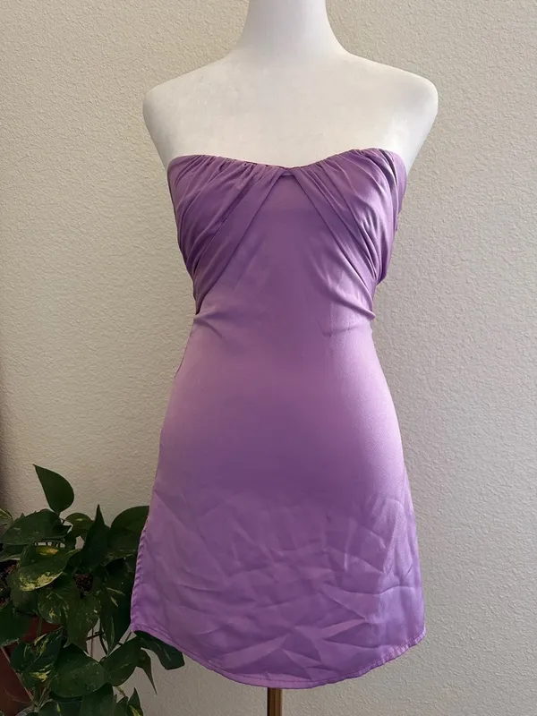 PRINCESS POLLY Trena satin bandeau ruched bust detail mini dress in lilac Sz. 0 - Image 6