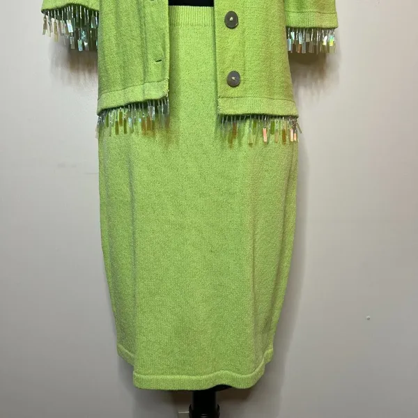 Vintage Liz Sheldon Ltd Lime Green‎ Skirt and Sweater Set w/ Jewel Tassel Detail - Image 2