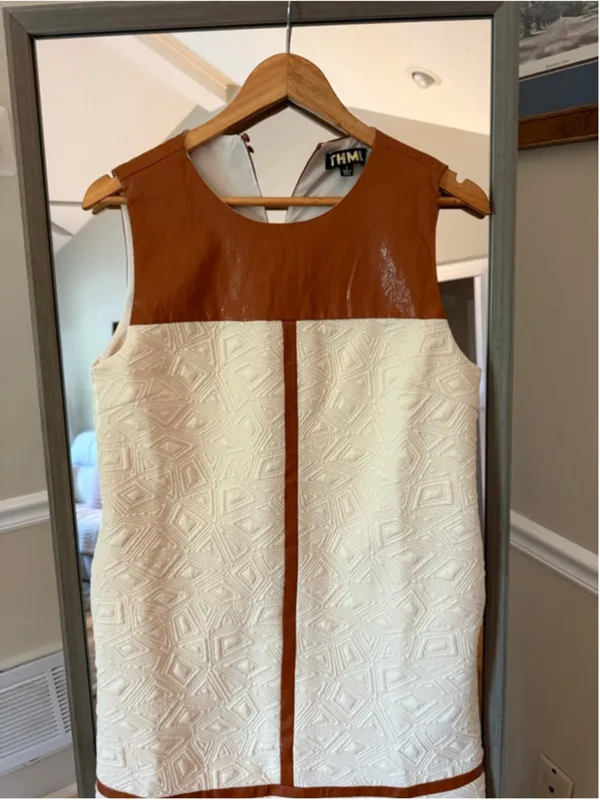 Women's THML White & Brown Sleeveless Dress S MIXED MEDIA TEXTURED MIDI-CREAM - Image 4