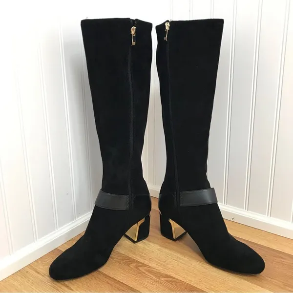 DKNY Caira Black Gold Vegan Suede Knee High Boot Buckle‎ Chunky Heel Size 6 New - Image 3
