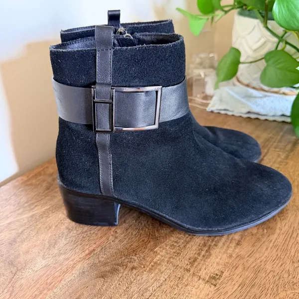 July Lover Size 220 US 5 Ankle Boots Black Suede Buckle Moto Block Heel Biker - Image 7