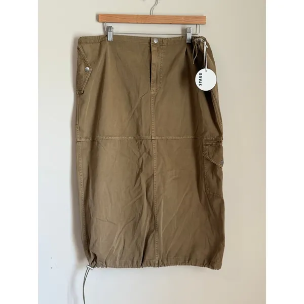 STAUD Cargo Skirt Womens XL NEW Tan Cotton Midi Drawstring Toggle Utility‎ Skirt - Image 2