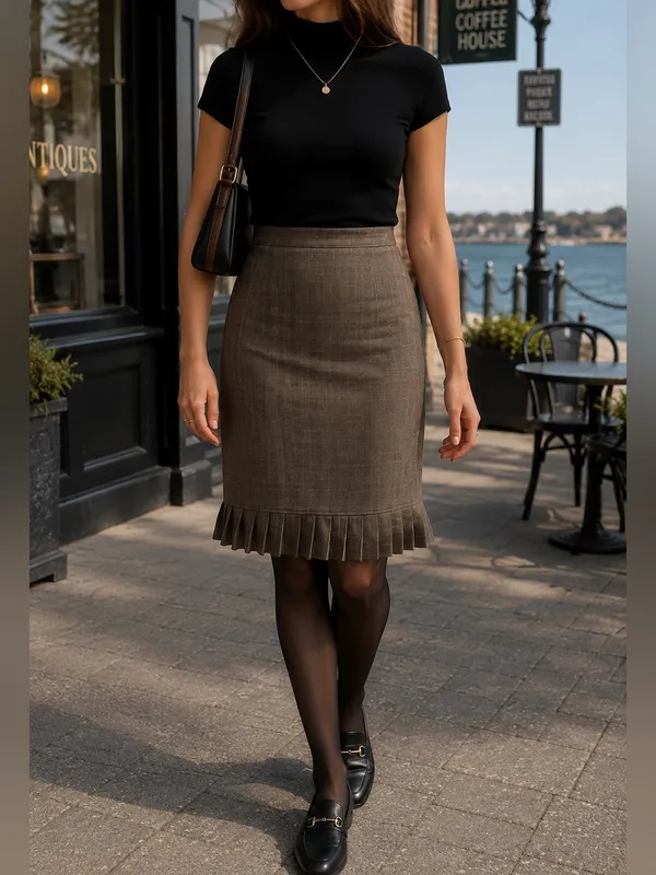 KC Spencer New York Brown Beige Pink Plaid Pleated Ruffle Hem Pencil‎ Skirt 12 - Image 2