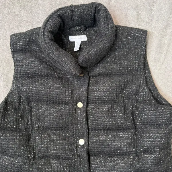 Charter Club Black Metallic Gold‎ Tweed Puffer Vest Quilted Jacket Size S - Image 7