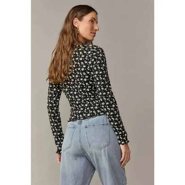 Francesca’s Floral Ribbed Button Front Top – Women’s Small Long Sleeve Stretchy - Image 2
