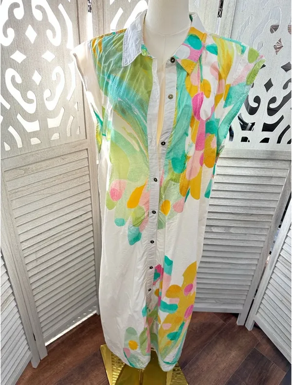 Maeve Sleeveless White Button-Front Dress with Multicolor Watercolor Print size Large - Image 2