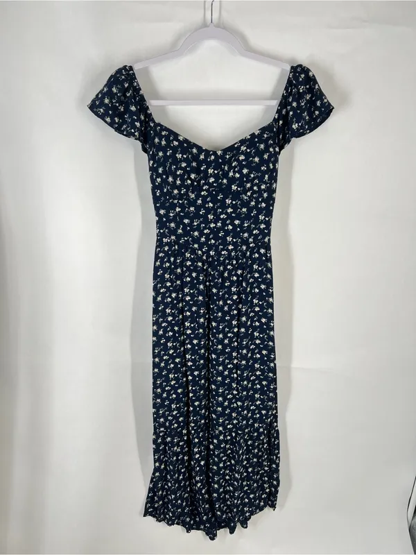 Hollister Navy Floral Puff-Sleeve‎ Midi Dress with Side Slit - Image 2