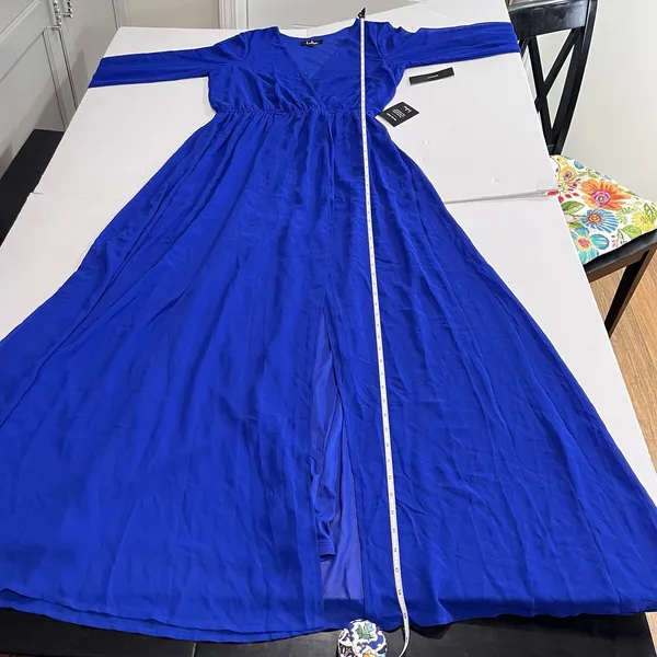 NWT Lulus Wondrous Water Lilies Royal‎ Blue Long Sleeve Slit Maxi Dress LARGE - Image 7