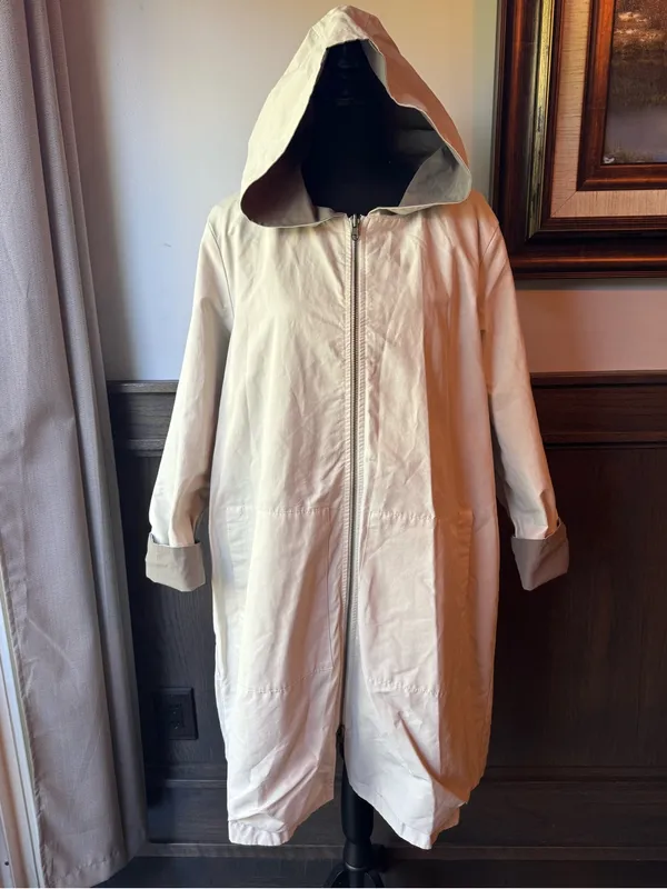 Eileen Fisher cream & gray reversible Hooded Trench Coat - Image 2