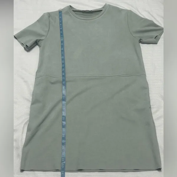Zara women’s size L Sage Green Shift Dress Raw Hem Short Sleeve Pockets(A425)✨ - Image 11