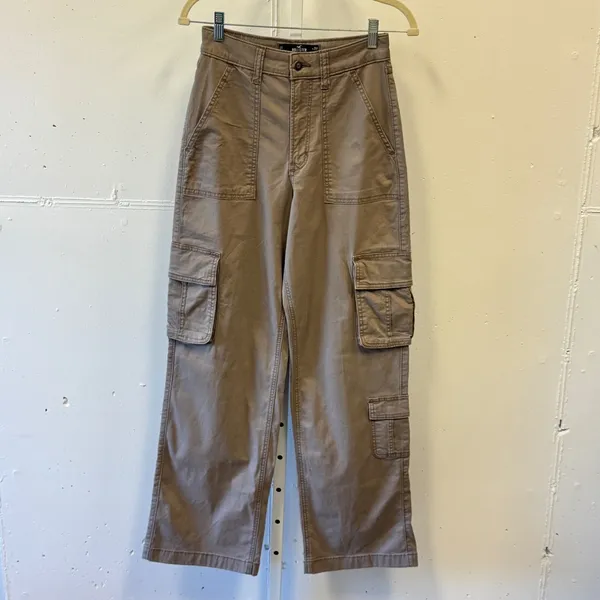 Hollister Ultra High-Rise Baggy Cargo Pants Taupe Brown W25R 0R Wide Leg Utility - Image 2