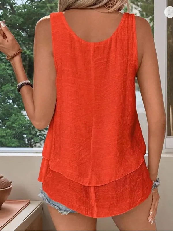 Women’s Size Large Sleeveless Blouse Scoop Neck Tiered Bright Orange Viscose - Image 2