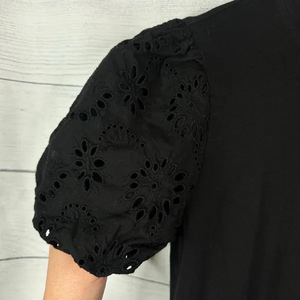 Avec Les Filles Black Eyelet Puff Sleeve Babydoll Peplum Mini Dress Size Small - Image 7