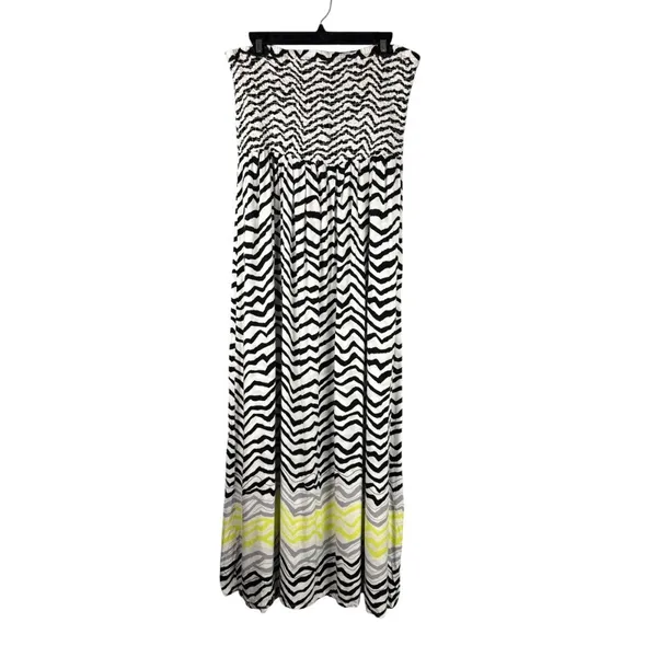 Cato Strapless Maxi Dress Chevron Print Black White Yellow Smocked Bodice 18/20W - Image 2