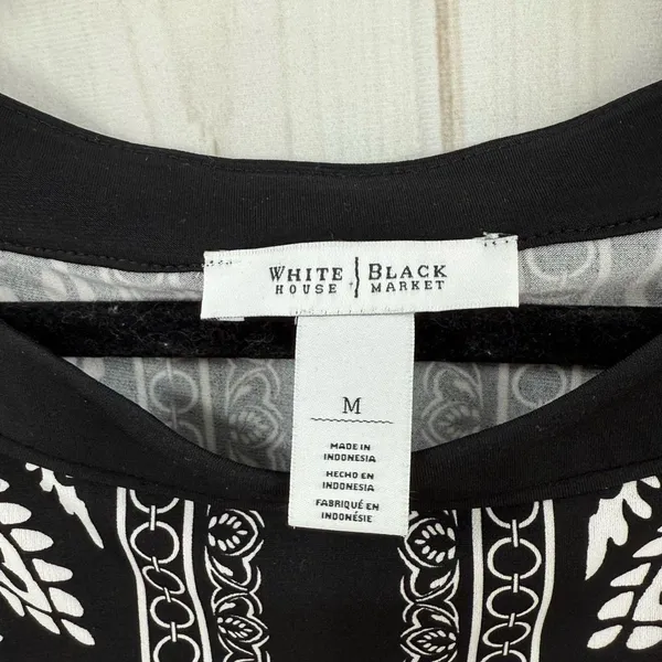 White House Black Market Women’s Medium Black White Patterned Tunic Top Slinky - Image 2